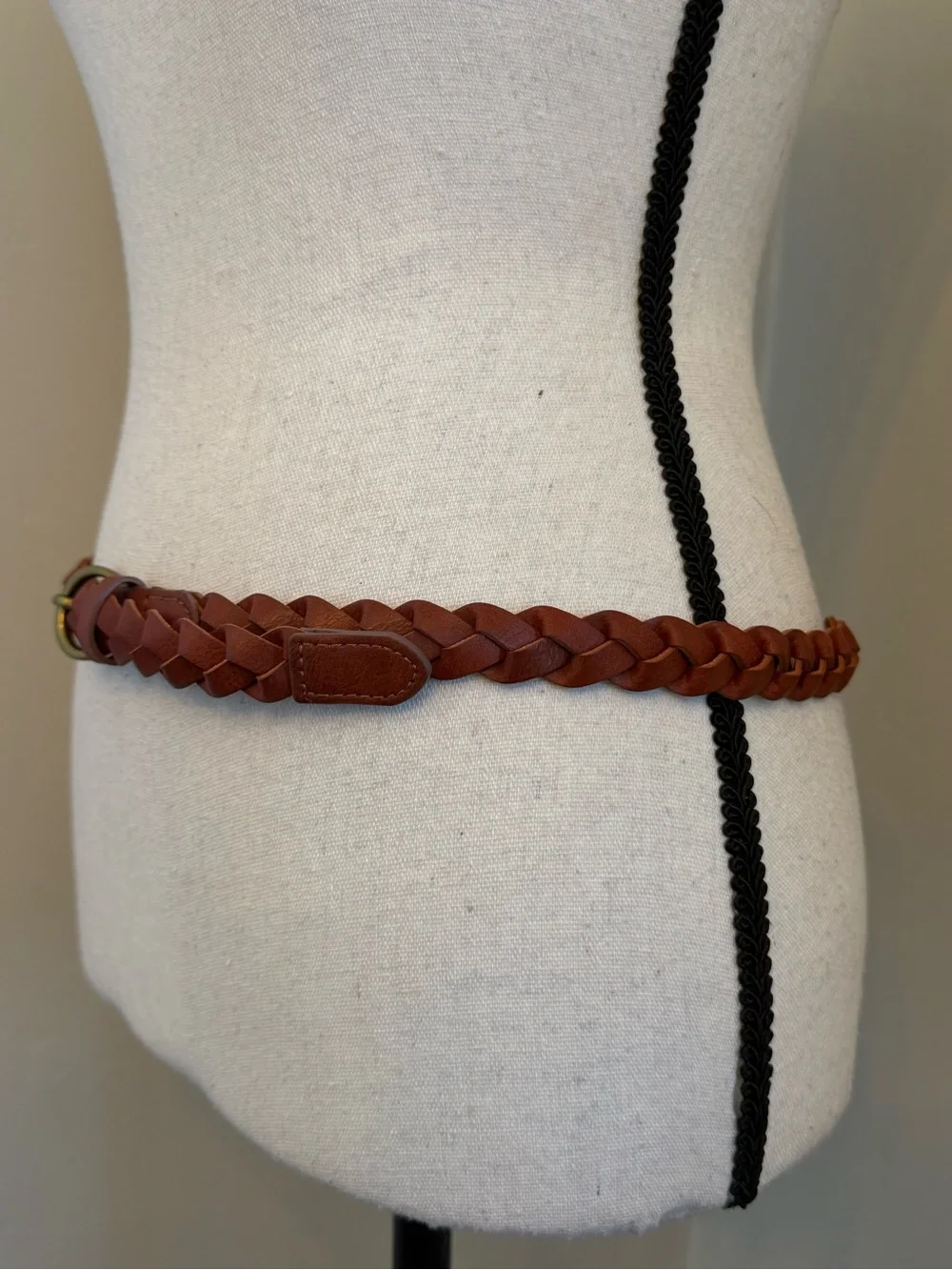 Braided Faux Leather Belt Brown Woven Adjustable Brass Tone Buckle Boho